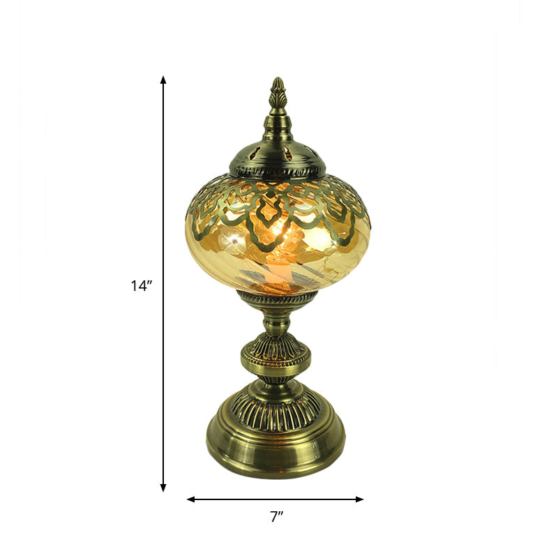 Amber Glass Brass Table Lighting Teapot/Oval 1 Bulb Bohemia Nightstand Light for Bedroom, 14