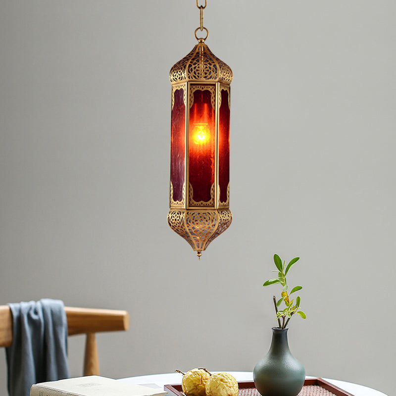 Arabian Lantern Hanging Lamp 1-Bulb Red Glass Suspension Light in Brass with Cutout Design Brass Clearhalo 'Ceiling Lights' 'Pendant Lights' 'Pendants' Lighting' 921053_cb9121e9-4ba3-4d59-8082-7fdc20d36b48