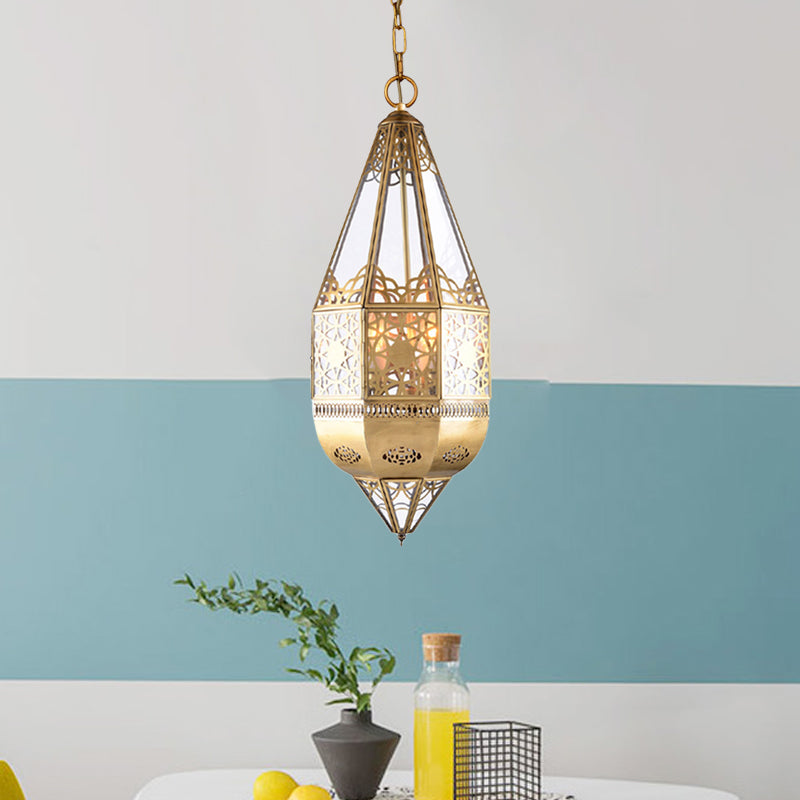 1 Head Clear Glass Pendant Lamp Arabian Brass Lantern Restaurant Ceiling Light with Hollow Pattern Clearhalo 'Ceiling Lights' 'Pendant Lights' 'Pendants' Lighting' 921063