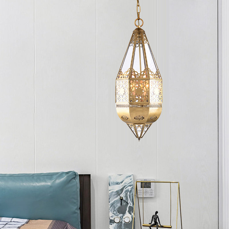 1 Head Clear Glass Pendant Lamp Arabian Brass Lantern Restaurant Ceiling Light with Hollow Pattern Clearhalo 'Ceiling Lights' 'Pendant Lights' 'Pendants' Lighting' 921064