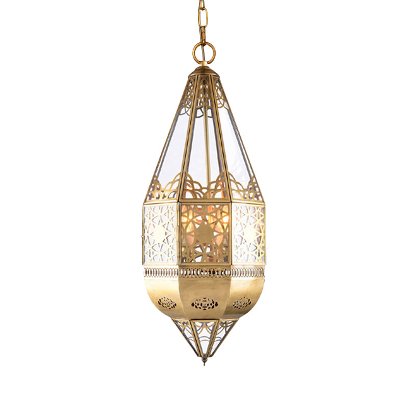 1 Head Clear Glass Pendant Lamp Arabian Brass Lantern Restaurant Ceiling Light with Hollow Pattern Clearhalo 'Ceiling Lights' 'Pendant Lights' 'Pendants' Lighting' 921066