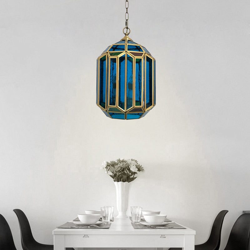 Blue Glass Lantern Ceiling Lamp Vintage 1-Light Bedroom Hanging Pendant Light with Open Bottom Clearhalo 'Ceiling Lights' 'Chandeliers' 'Glass shade' 'Glass' 'Pendant Lights' 'Pendants' Lighting' 921074