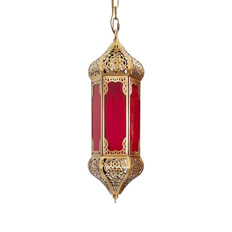 Arab Lantern Hanging Light 1 Bulb Red Glass Pendant Lighting Fixture with Hollow Pattern Clearhalo 'Ceiling Lights' 'Pendant Lights' 'Pendants' Lighting' 921096