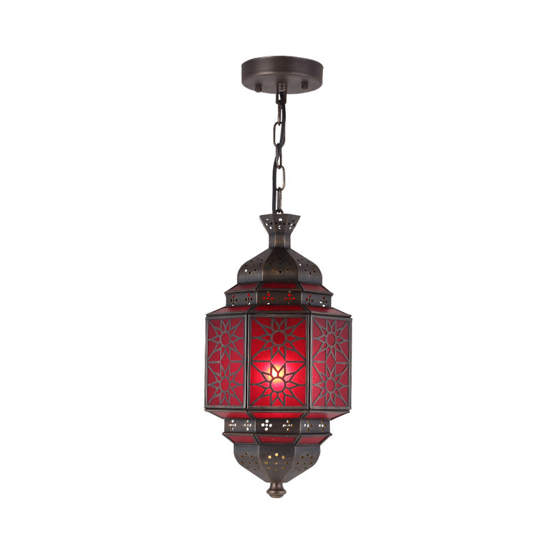 Metal Lantern Suspension Lighting Arab 1 Head Restaurant Drop Lamp with Red Glass Shade Clearhalo 'Ceiling Lights' 'Pendant Lights' 'Pendants' Lighting' 921125