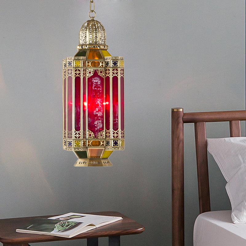 Arab Lantern Hanging Chandelier 3 Heads Red Glass Pendant Ceiling Light in Brass for Corridor Clearhalo 'Ceiling Lights' 'Chandeliers' Lighting' options 921233