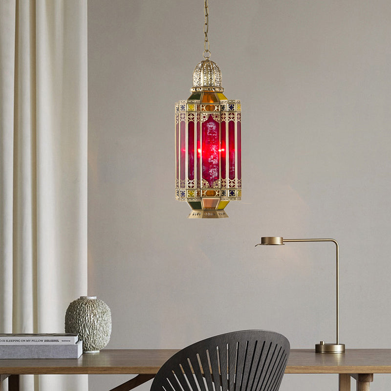 Arab Lantern Hanging Chandelier 3 Heads Red Glass Pendant Ceiling Light in Brass for Corridor Clearhalo 'Ceiling Lights' 'Chandeliers' Lighting' options 921235