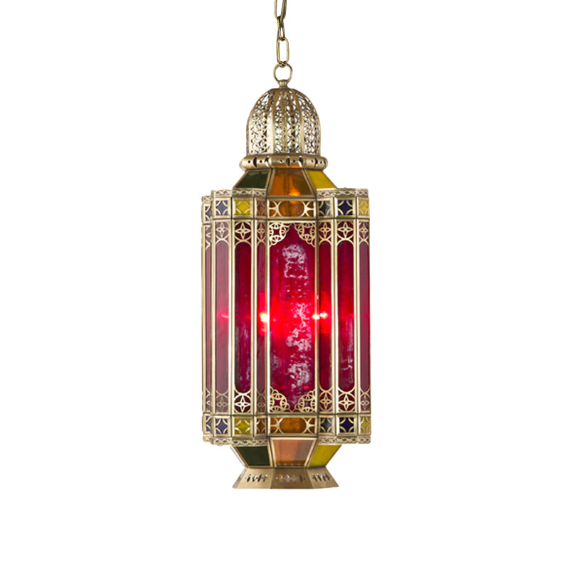 Arab Lantern Hanging Chandelier 3 Heads Red Glass Pendant Ceiling Light in Brass for Corridor Clearhalo 'Ceiling Lights' 'Chandeliers' Lighting' options 921236