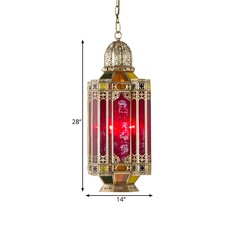 Arab Lantern Hanging Chandelier 3 Heads Red Glass Pendant Ceiling Light in Brass for Corridor Clearhalo 'Ceiling Lights' 'Chandeliers' Lighting' options 921237