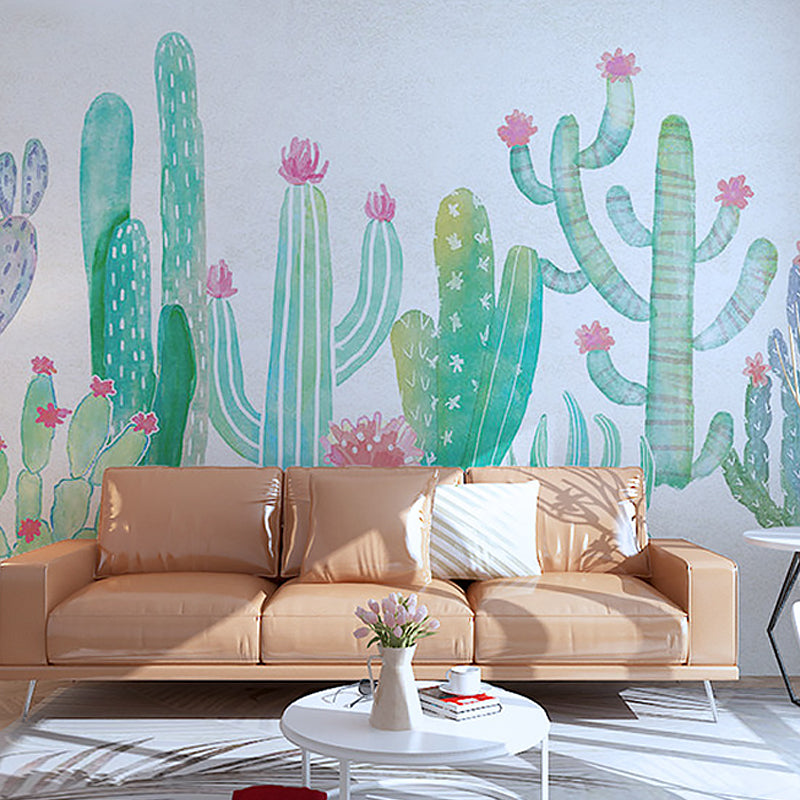 Waterproofing Non-Woven Textured Murals with Graffiti of Cactus Mural for Children's Bedroom Green Clearhalo 'Wall Decor' 'Wall Mural' 921500