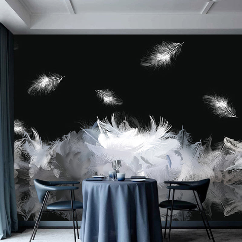 Full Illustration Scandinavian Wall Covering for Accent Wall with Swirling Feather Design in Black and White Black-White Clearhalo 'Wall Decor' 'Wall Mural' 921614