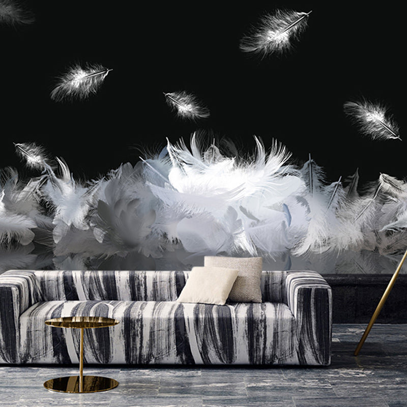 Full Illustration Scandinavian Wall Covering for Accent Wall with Swirling Feather Design in Black and White Clearhalo 'Wall Decor' 'Wall Mural' 921615