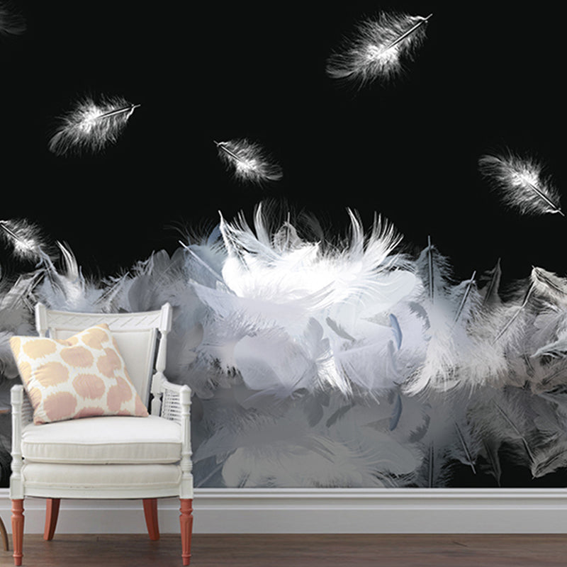 Full Illustration Scandinavian Wall Covering for Accent Wall with Swirling Feather Design in Black and White Clearhalo 'Wall Decor' 'Wall Mural' 921616