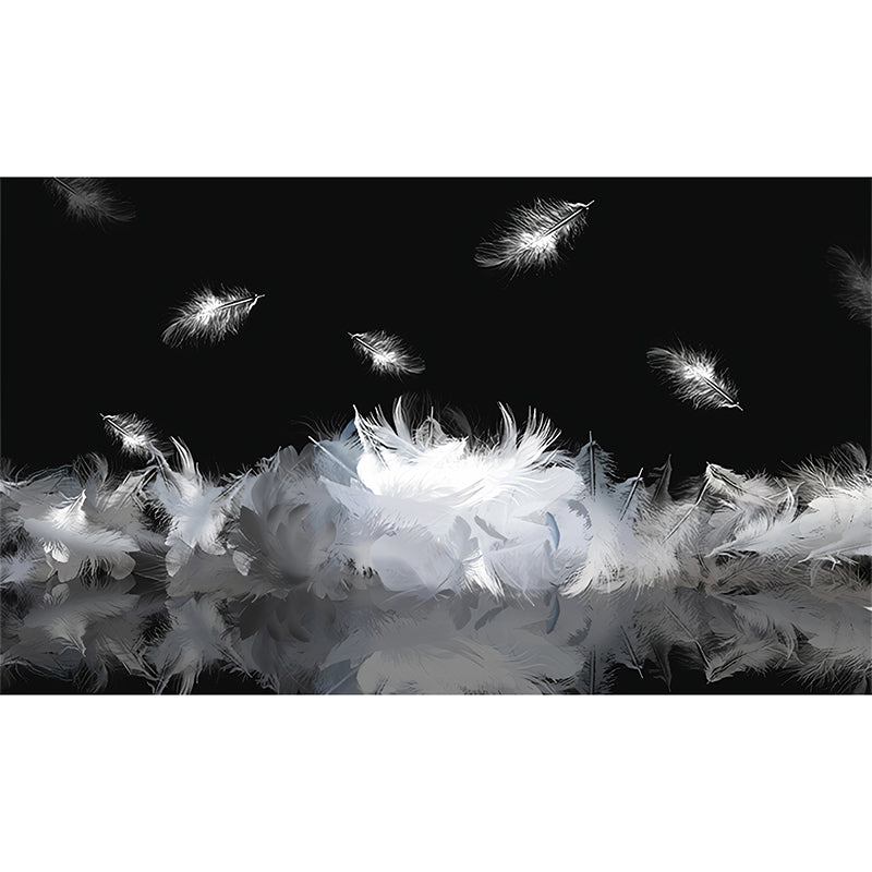 Full Illustration Scandinavian Wall Covering for Accent Wall with Swirling Feather Design in Black and White Clearhalo 'Wall Decor' 'Wall Mural' 921617