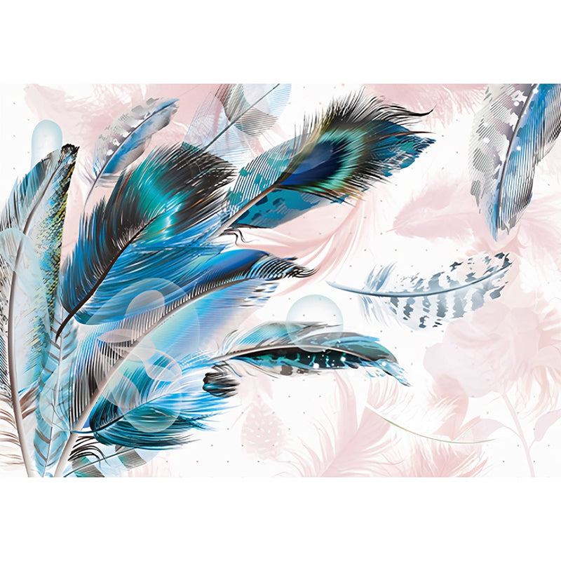 Elegant Feather Wall Mural for Living Room Chinese Traditional Wall Covering in Aqua, Made to Measure Clearhalo 'Wall Decor' 'Wall Mural' 921642