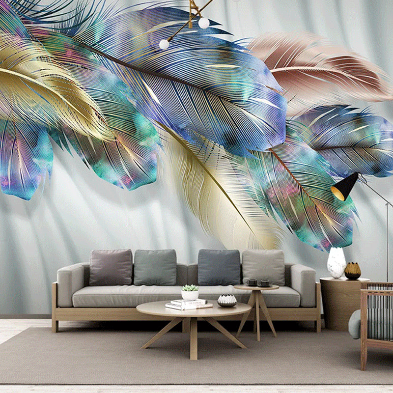 Classic Wall Mural with Yellow and Blue Feather for Commercial Use, Non-Woven Material Clearhalo 'Wall Decor' 'Wall Mural' 921671