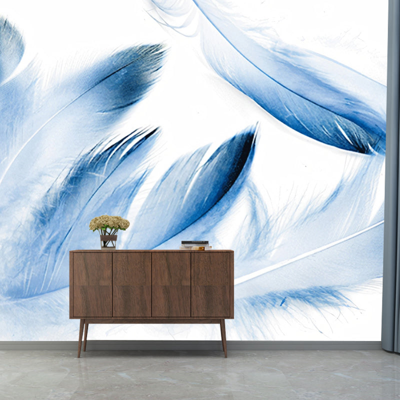 Full Size Feather Wall Art for Accent Wall Fantasy Watercolors Mural in Soft Blue, Stain-Resistant Clearhalo 'Wall Decor' 'Wall Mural' 921675