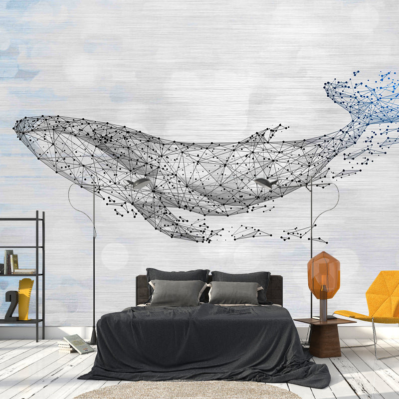 Extra Large Illustration Original Mural Wallpaper for Home Decoration with Whale Pattern in Blue and White Blue-Black Clearhalo 'Wall Decor' 'Wall Mural' 921679