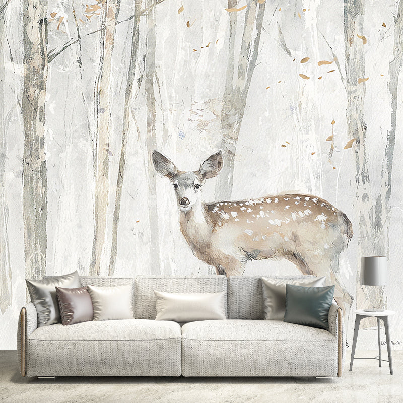 Personalized Illustration Nordic Mural Wallpaper for Living Room with Pewter Deer and Tree Clearhalo 'Wall Decor' 'Wall Mural' 921686