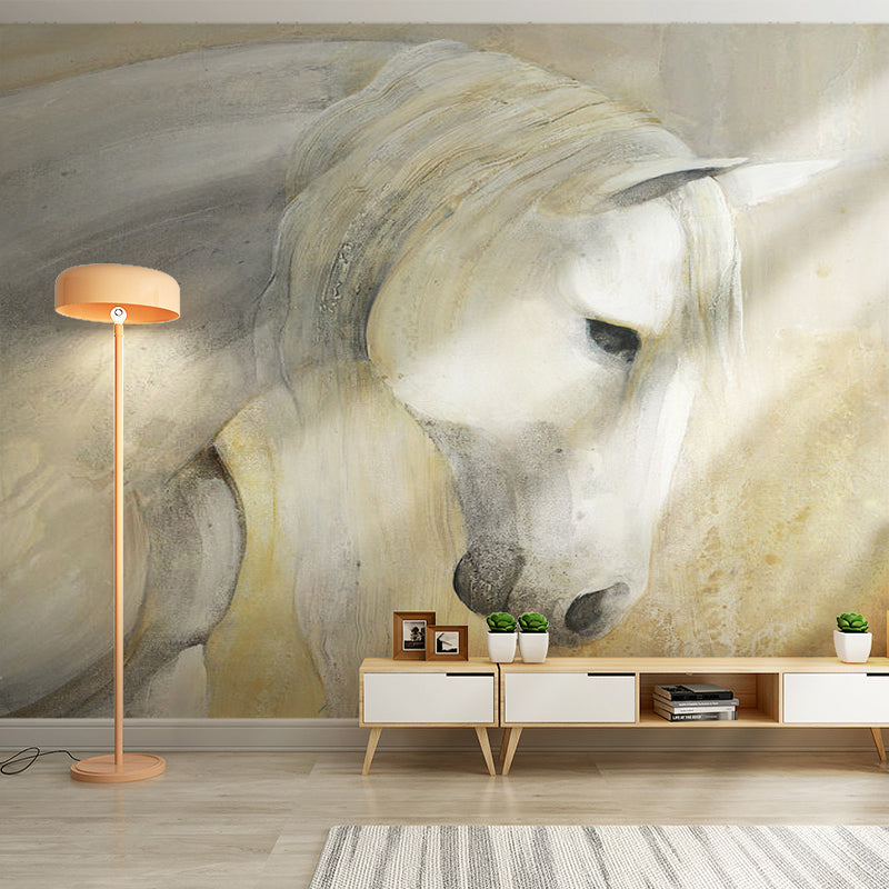 Water-Resistant Horse Mural Non-Woven Fabric Contemporary Wall Covering for Coffee Shop Yellow-White Clearhalo 'Wall Decor' 'Wall Mural' 921694