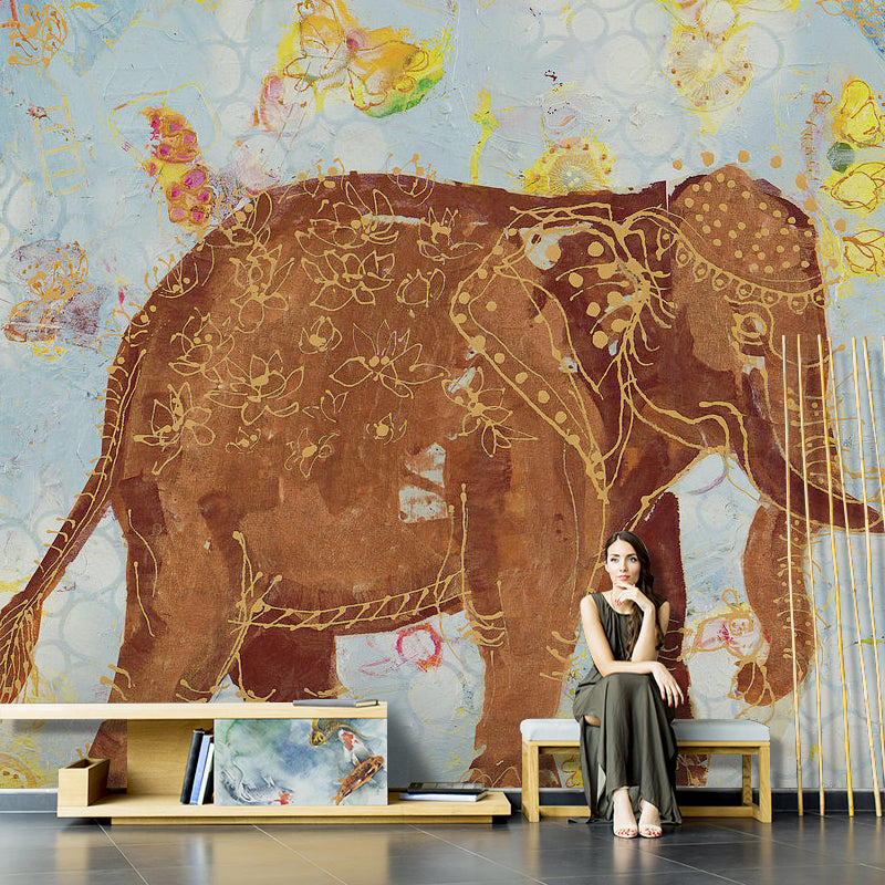 Non-Woven Material Large Mural Brown Cartoon Elephant Wall Art, Made to Measure Brown Clearhalo 'Wall Decor' 'Wall Mural' 921699