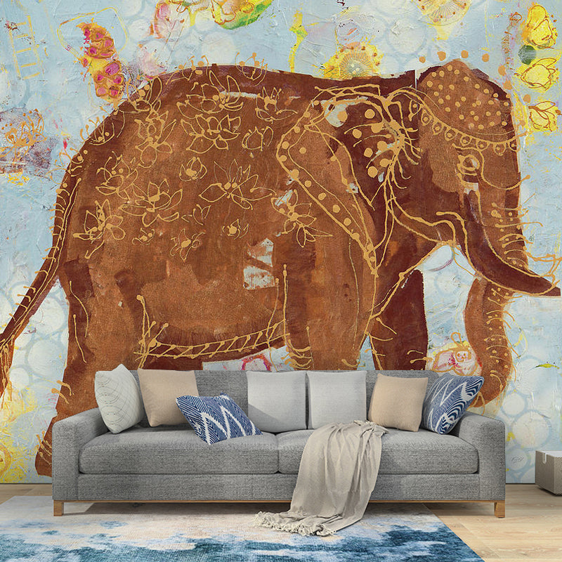 Non-Woven Material Large Mural Brown Cartoon Elephant Wall Art, Made to Measure Clearhalo 'Wall Decor' 'Wall Mural' 921700