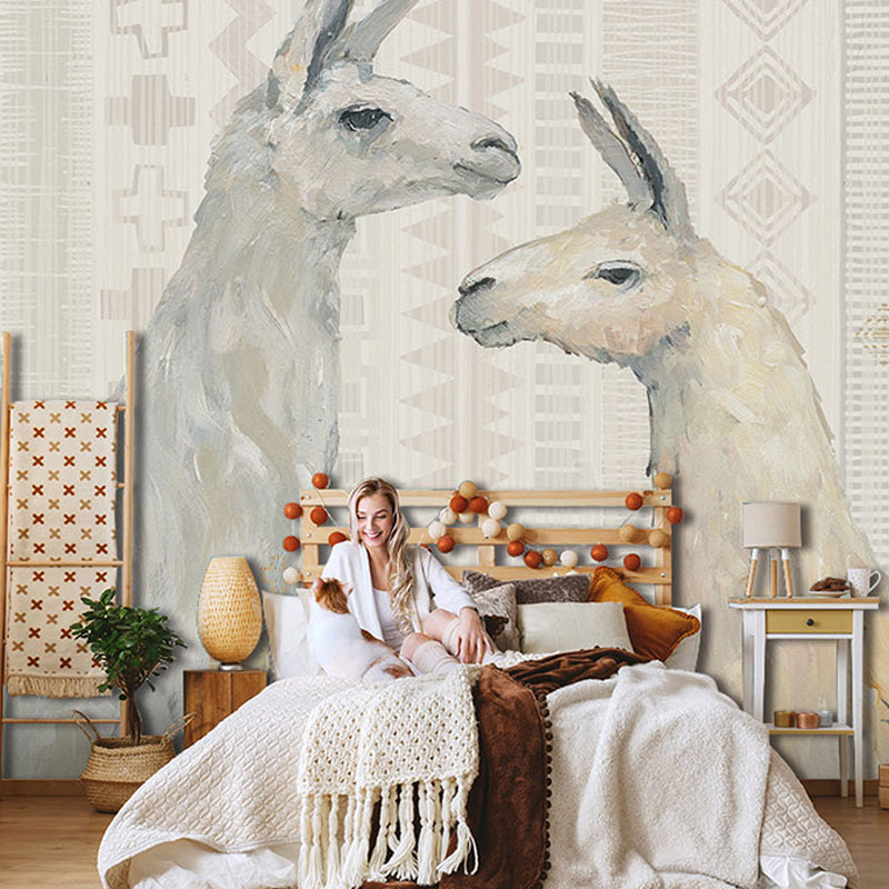 Cute Alpaca Mural Wallpaper for Kids Abstract Wall Covering in Grey and White, Custom-Printed Gray-White Clearhalo 'Wall Decor' 'Wall Mural' 921714