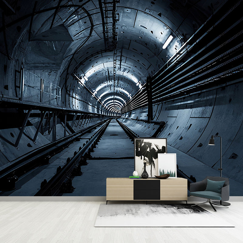 Giant Mural Wallpaper with Industrial 3D Tunnel and Rail Wall Art in Dark Color Clearhalo 'Wall Decor' 'Wall Mural' 921900