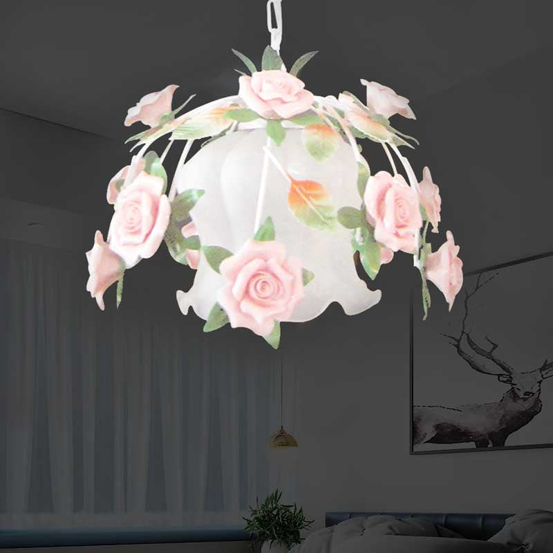 White Glass Flower Pendant Lamp Romantic Pastoral 1 Bulb Restaurant Suspension Light Clearhalo 'Ceiling Lights' 'Chandeliers' 'Glass shade' 'Glass' 'Pendant Lights' 'Pendants' Lighting' 922522