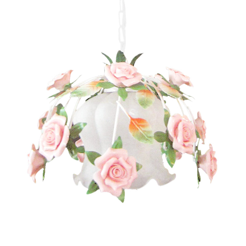 White Glass Flower Pendant Lamp Romantic Pastoral 1 Bulb Restaurant Suspension Light Clearhalo 'Ceiling Lights' 'Chandeliers' 'Glass shade' 'Glass' 'Pendant Lights' 'Pendants' Lighting' 922524