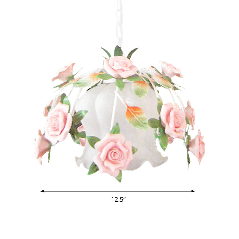 White Glass Flower Pendant Lamp Romantic Pastoral 1 Bulb Restaurant Suspension Light Clearhalo 'Ceiling Lights' 'Chandeliers' 'Glass shade' 'Glass' 'Pendant Lights' 'Pendants' Lighting' 922525