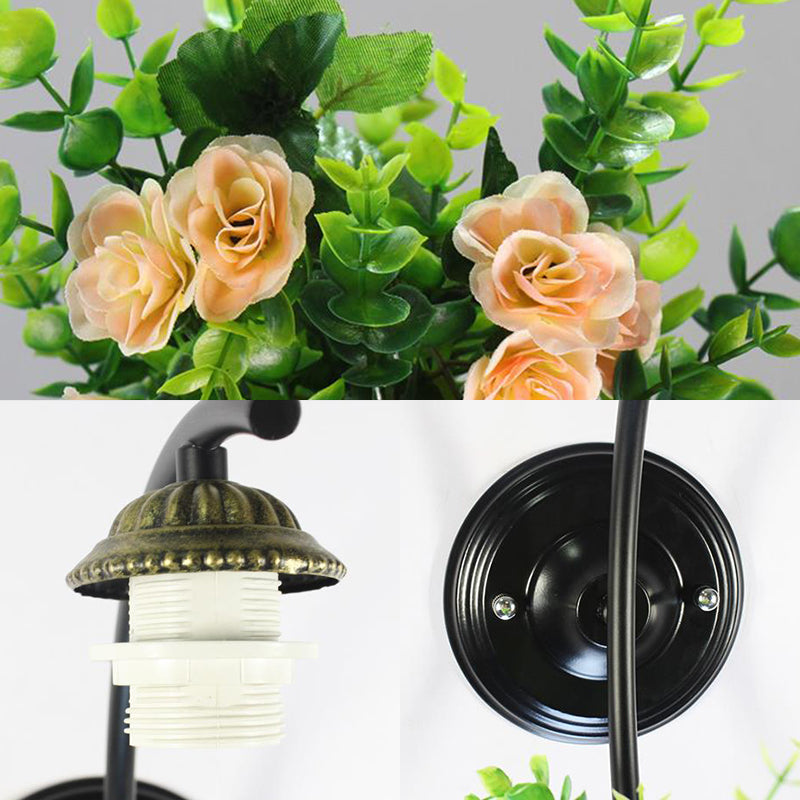 White Glass Cone Wall Light Fixture Tiffany 1 Head Black Sconce Light with Flower Decoration Clearhalo 'Wall Lamps & Sconces' 'Wall Lights' Lighting' 92258