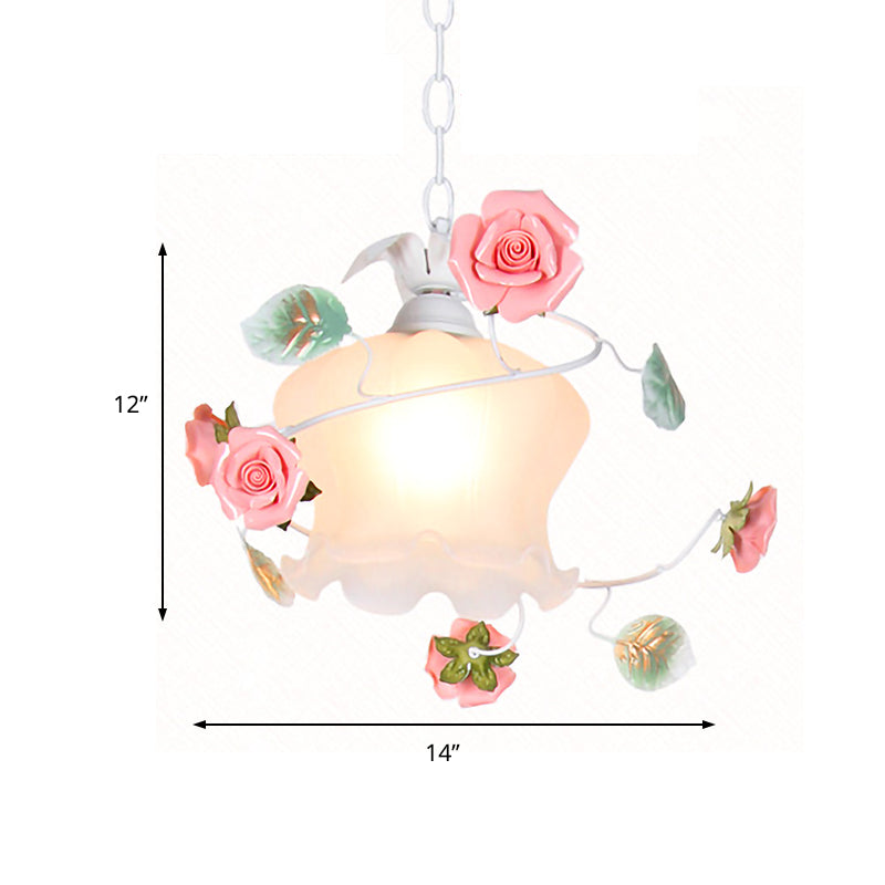 Pastoral Style Rose Hanging Lamp 1-Bulb White Glass Down Lighting Pendant for Living Room Clearhalo 'Ceiling Lights' 'Glass shade' 'Glass' 'Pendant Lights' 'Pendants' Lighting' 922607