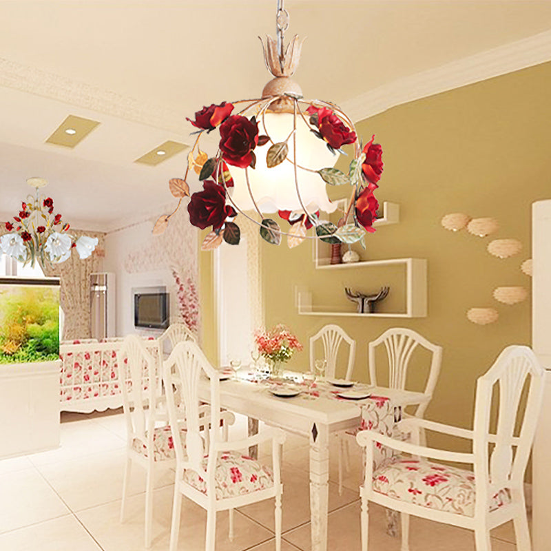 Blossom White Glass Ceiling Lamp Korean Garden 1 Bulb Dining Room Pendant Light, 12.5