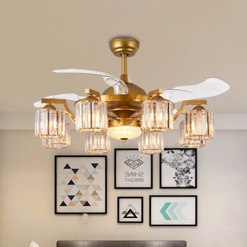 Crystal Cylinder Hanging Fan Light Traditional 8 Bulbs 3-Blade Semi Flush Mount Light in Gold, 43