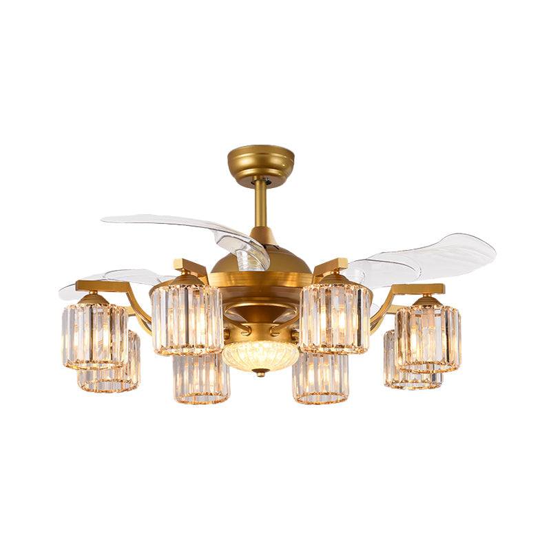 Crystal Cylinder Hanging Fan Light Traditional 8 Bulbs 3-Blade Semi Flush Mount Light in Gold, 43