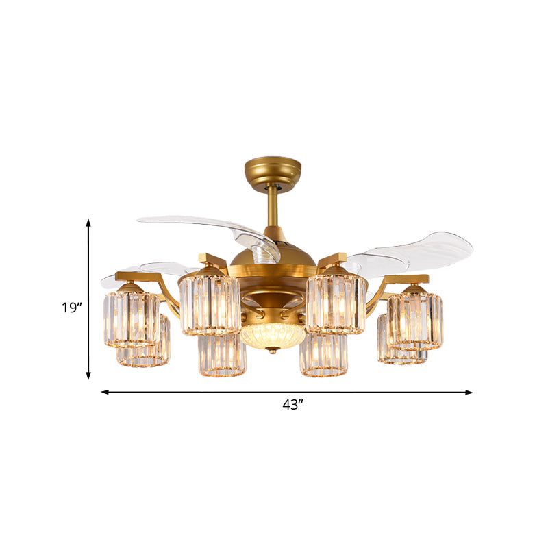 Crystal Cylinder Hanging Fan Light Traditional 8 Bulbs 3-Blade Semi Flush Mount Light in Gold, 43