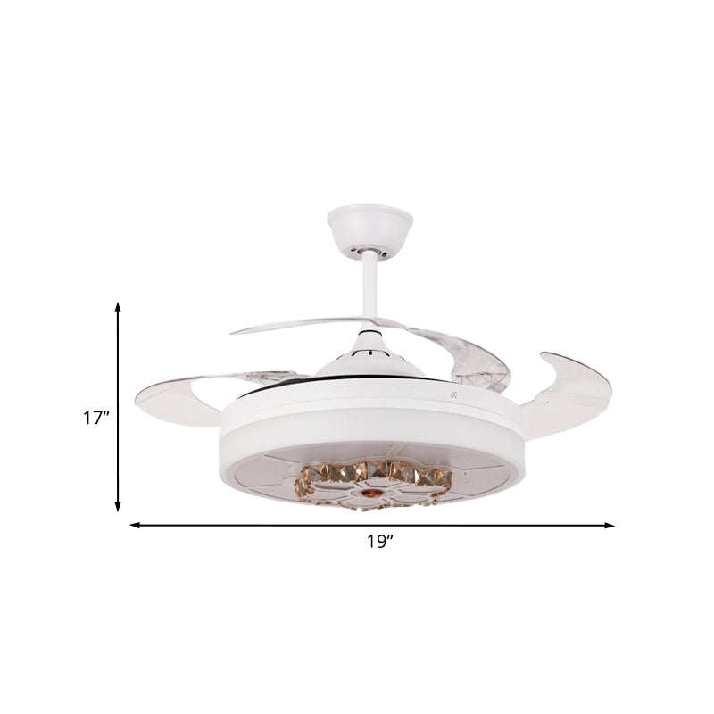 3 Blades Drum Semi Flush Light Modernism White Crystal Pendant Fan Lamp for Living Room, 19