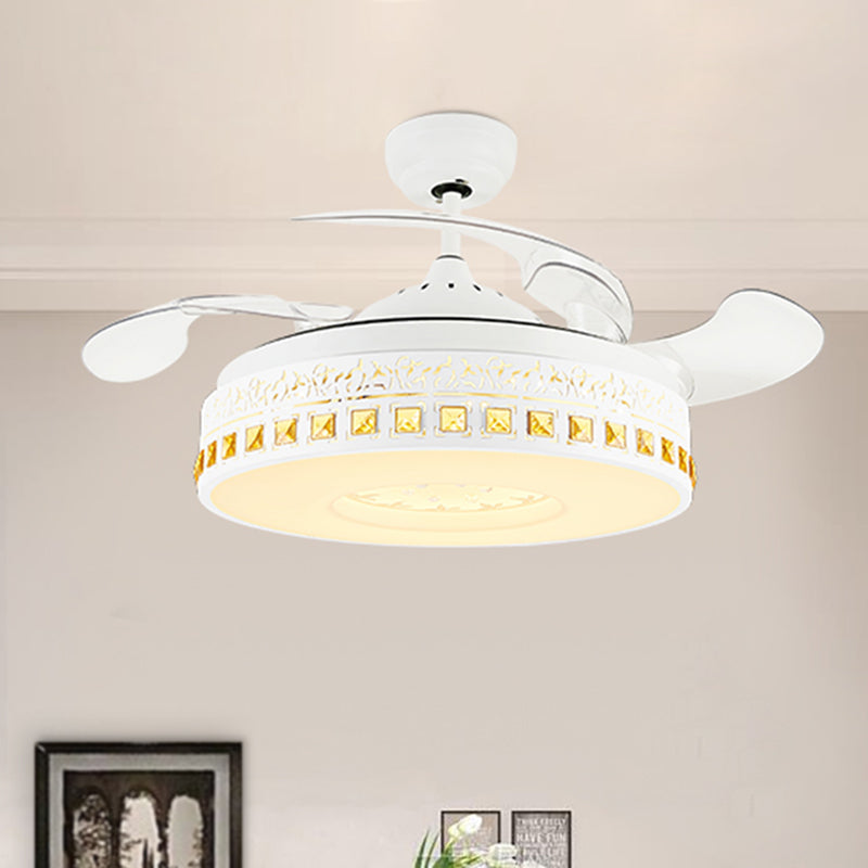 Nordic Round Fan Light 4-Blade LED Metal Semi Flush Mount Ceiling Fixture with Crystal Trim in White, 19.5