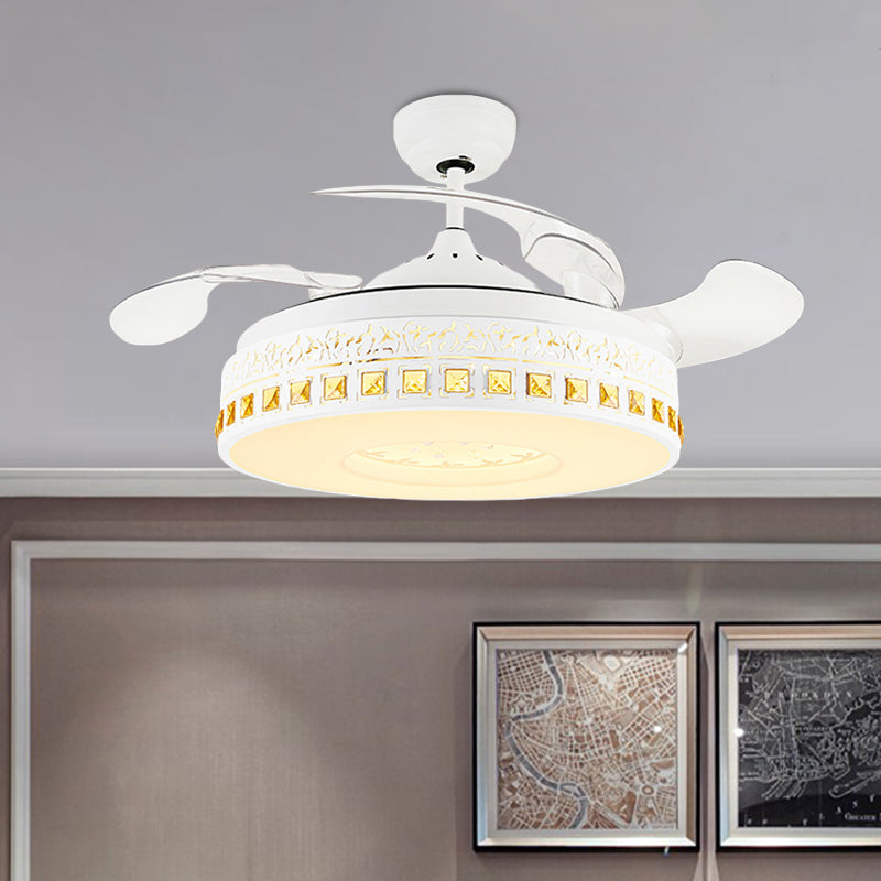 Nordic Round Fan Light 4-Blade LED Metal Semi Flush Mount Ceiling Fixture with Crystal Trim in White, 19.5