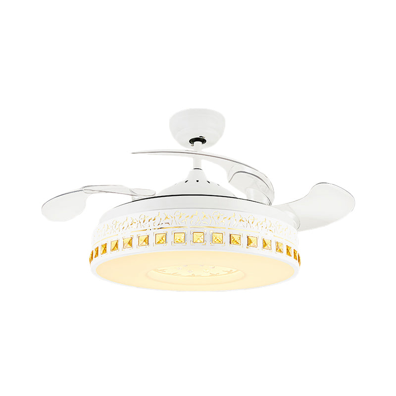 Nordic Round Fan Light 4-Blade LED Metal Semi Flush Mount Ceiling Fixture with Crystal Trim in White, 19.5