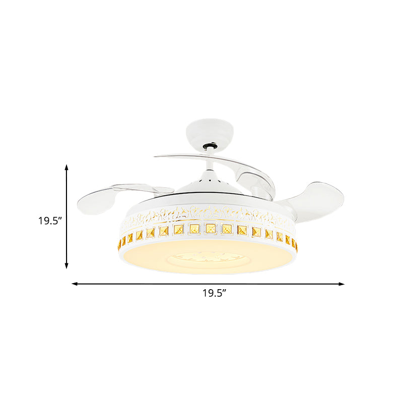 Nordic Round Fan Light 4-Blade LED Metal Semi Flush Mount Ceiling Fixture with Crystal Trim in White, 19.5