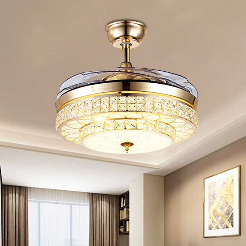 3-Blade Beveled Crystal LED Semi Flush Postmodern Gold 2-Tier Living Room Hanging Fan Lamp, 19.5