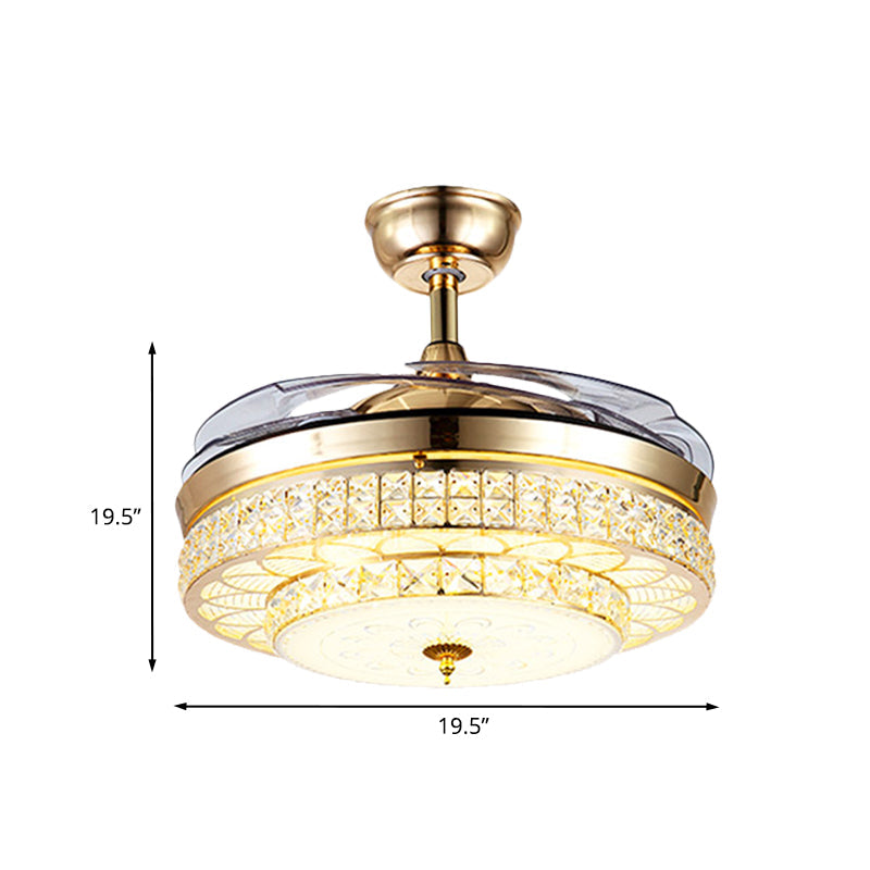 3-Blade Beveled Crystal LED Semi Flush Postmodern Gold 2-Tier Living Room Hanging Fan Lamp, 19.5
