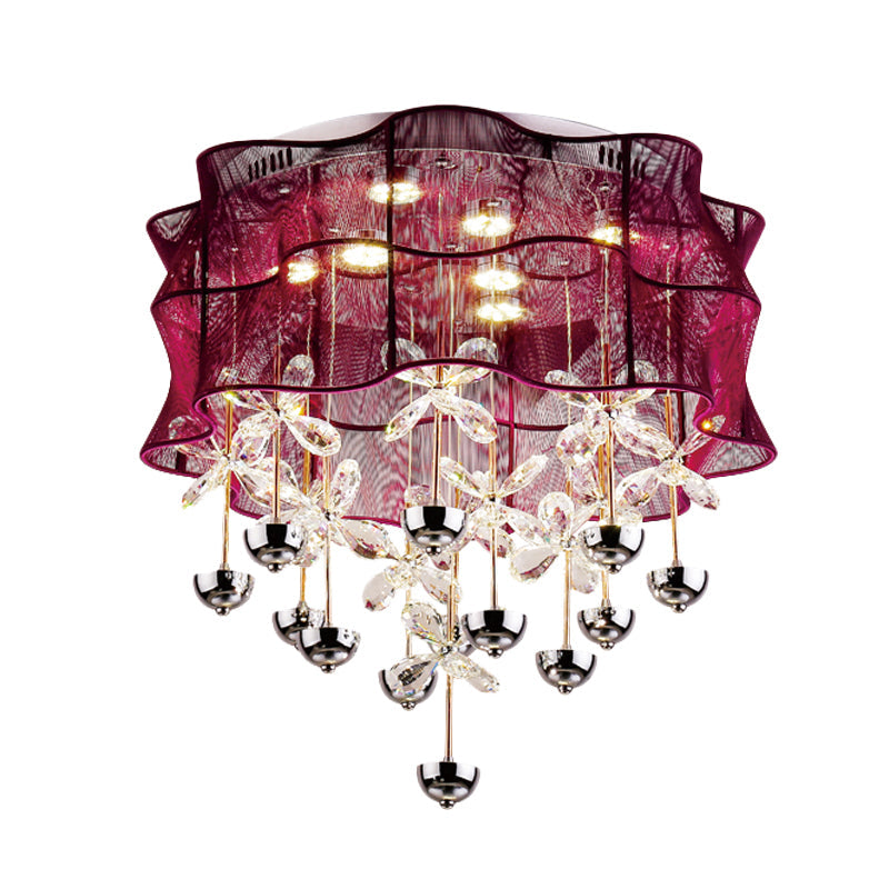 Red Drum Flushmount Lamp Romantic Modern Fabric Bedroom LED Ceiling Light with Dangling Crystals Clearhalo 'Ceiling Lights' 'Close To Ceiling Lights' 'Close to ceiling' 'Flush mount' Lighting' 923909