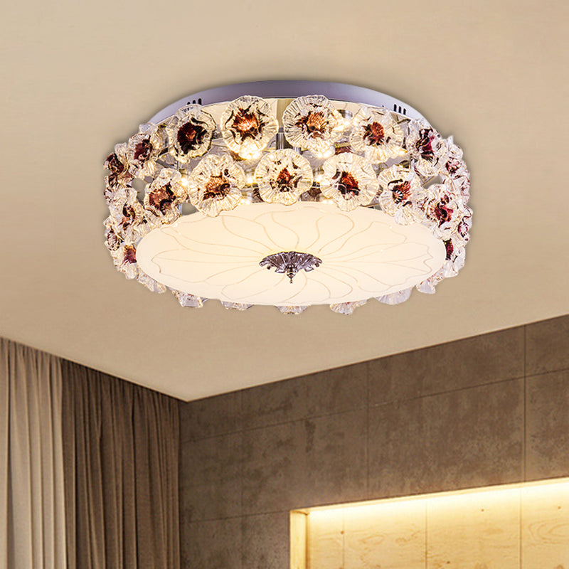 Crystal Purple/White LED Flush Light Floweret-Embellished Drum Modern Close to Ceiling Lamp Purple Clearhalo 'Ceiling Lights' 'Close To Ceiling Lights' 'Close to ceiling' 'Flush mount' Lighting' 923915