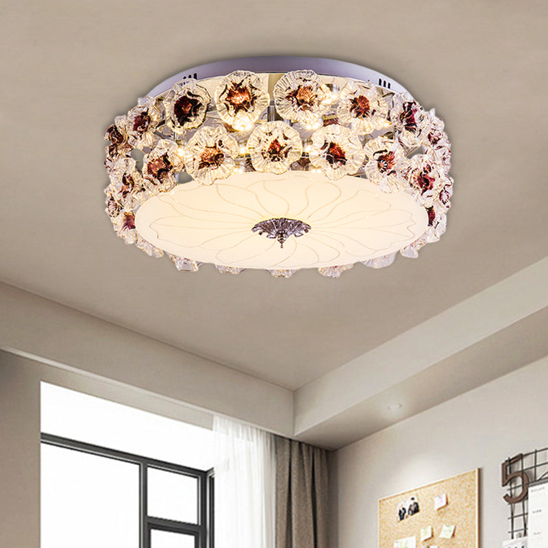 Crystal Purple/White LED Flush Light Floweret-Embellished Drum Modern Close to Ceiling Lamp Clearhalo 'Ceiling Lights' 'Close To Ceiling Lights' 'Close to ceiling' 'Flush mount' Lighting' 923916