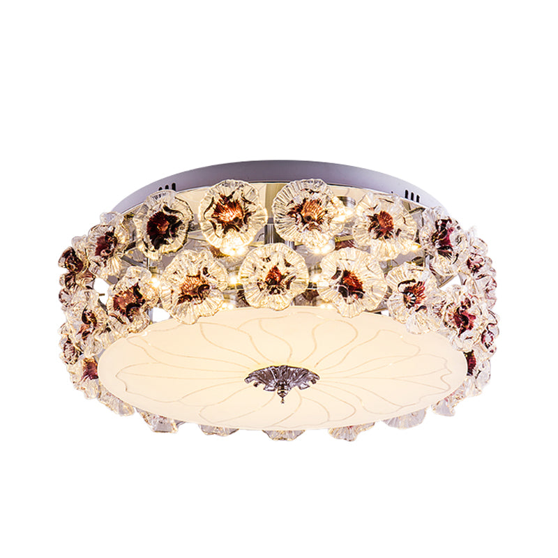 Crystal Purple/White LED Flush Light Floweret-Embellished Drum Modern Close to Ceiling Lamp Clearhalo 'Ceiling Lights' 'Close To Ceiling Lights' 'Close to ceiling' 'Flush mount' Lighting' 923917