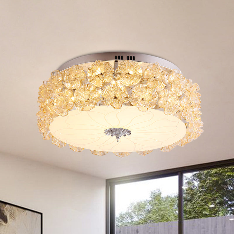 Crystal Purple/White LED Flush Light Floweret-Embellished Drum Modern Close to Ceiling Lamp White Clearhalo 'Ceiling Lights' 'Close To Ceiling Lights' 'Close to ceiling' 'Flush mount' Lighting' 923919