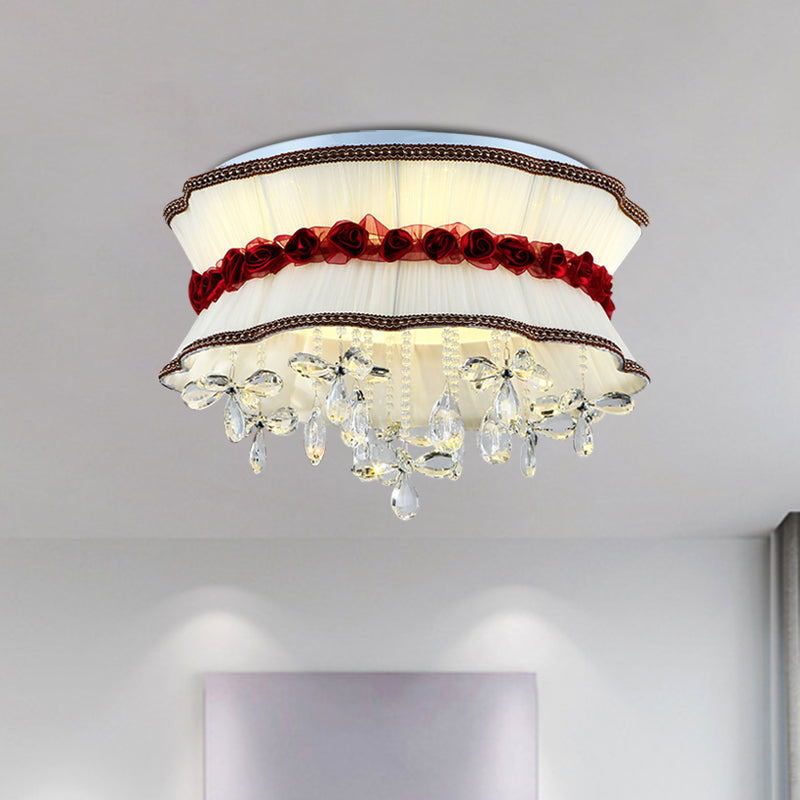 Pleated Fabric Bouquet Flush Mount Modern Style Bedroom LED Ceiling Lighting in Beige with Red Rose and Crystal Drops Clearhalo 'Ceiling Lights' 'Close To Ceiling Lights' 'Close to ceiling' 'Flush mount' Lighting' 923924