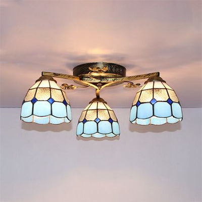 Scalloped Edged Ceiling Light Fixture Country Stained Glass 3 Lights Flush Mount Ceiling Light in Sky Blue/Yellow/Dark Blue/Clear Clear Clearhalo 'Ceiling Lights' 'Close To Ceiling Lights' 'Close to ceiling' 'Glass shade' 'Glass' 'Semi-flushmount' 'Tiffany close to ceiling' 'Tiffany' Lighting' 92641